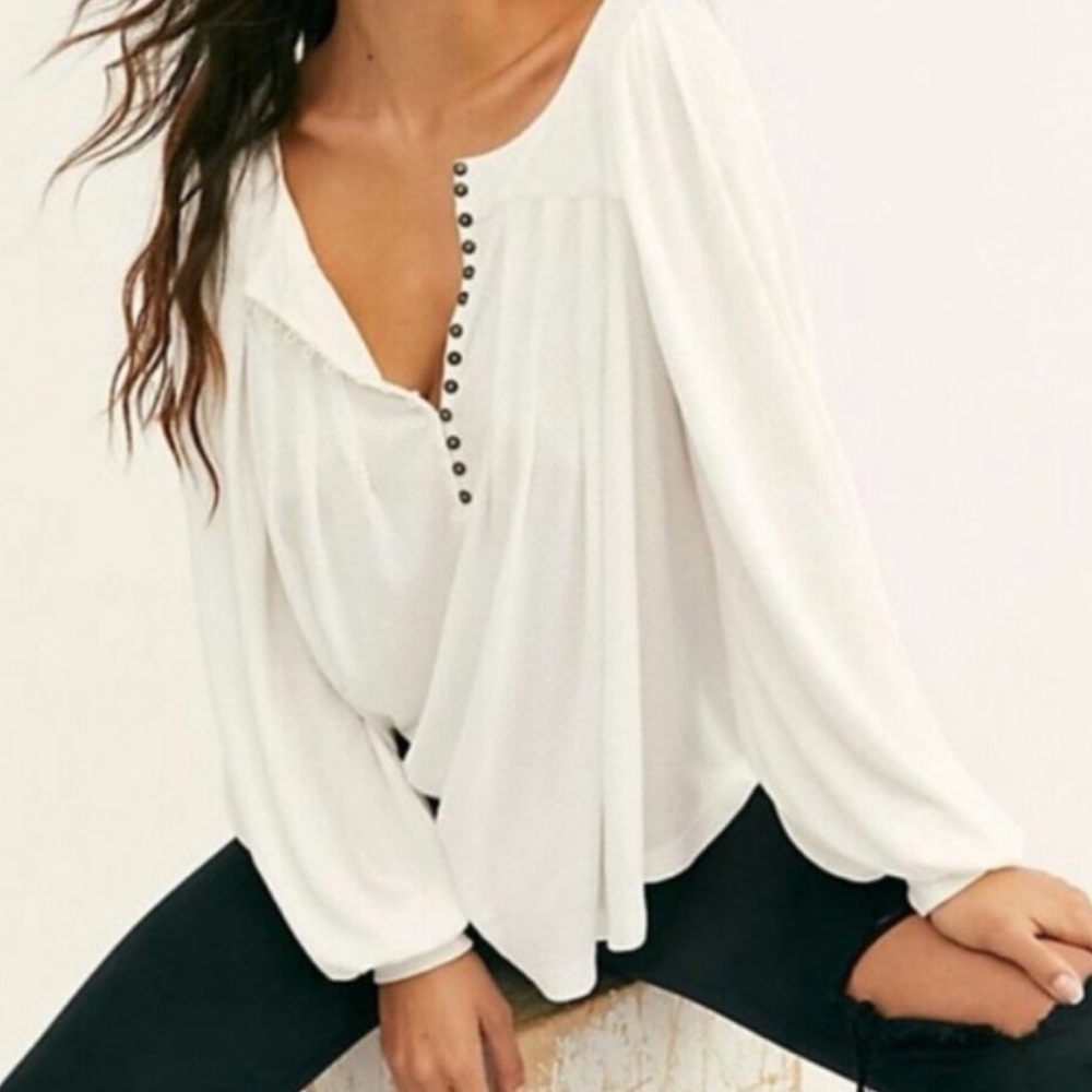 Free People Devin Textured Long Sleeve Knit Top Ivory Small OB1046600